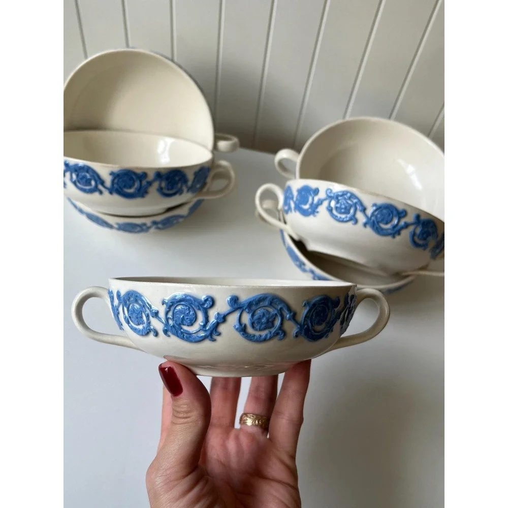 Set of8 Soup Cups ANTIQUE Royal Adams England Ivory Victorian Ware Chelsea Blue